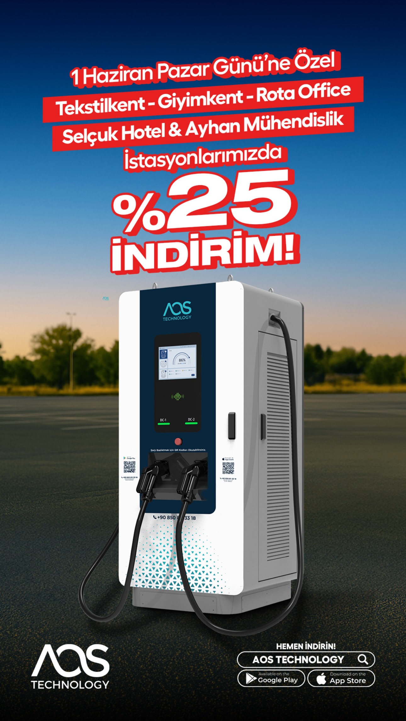 AOS Technology Tekstilkent, Giyimkent, Rota Office, Selçuk Otel, Ayhan Mühendislik İstasyonlarında %25 İndirim