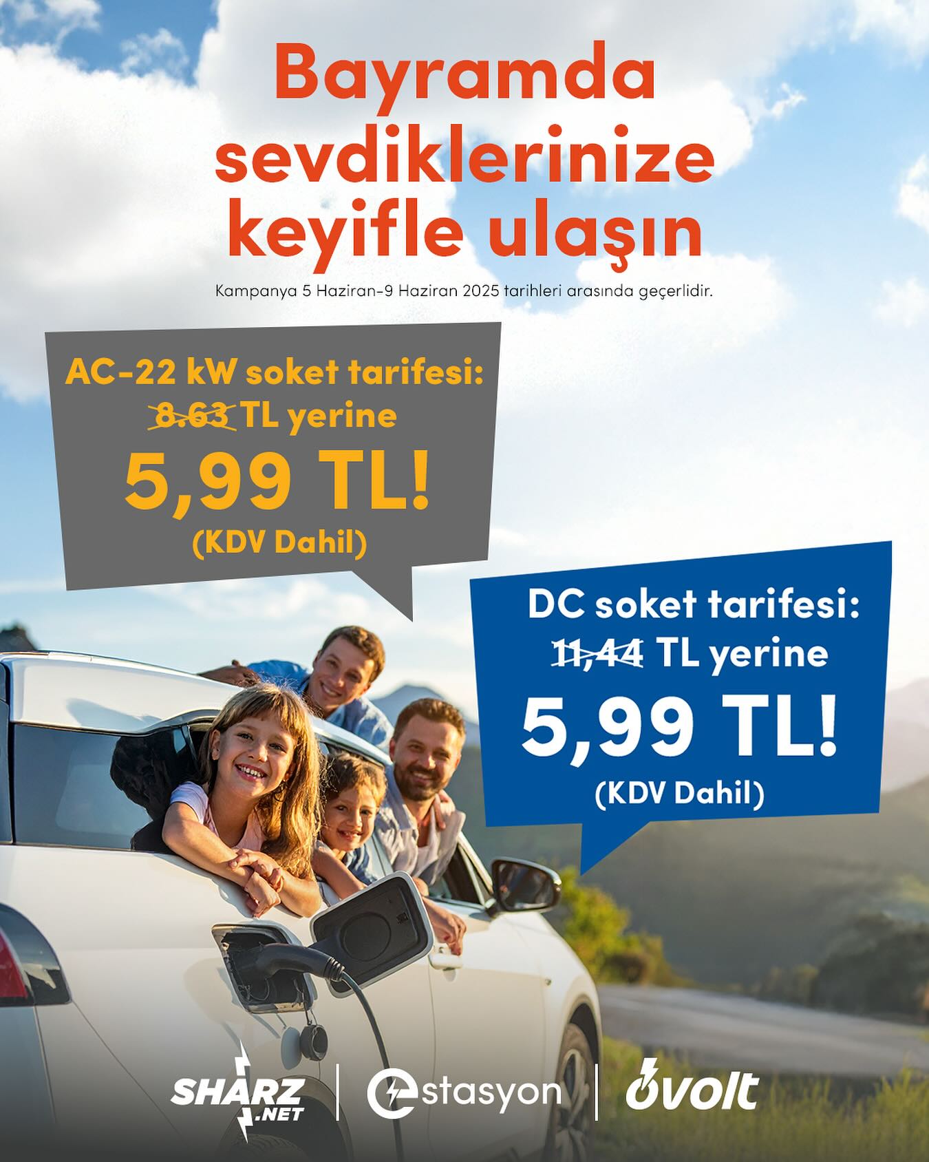 Estasyon, Ovolt ve Sharz.net Bayram Kampanyası ⚡ AC:5,99 TL/kW - DC : 5,99 TL/kW